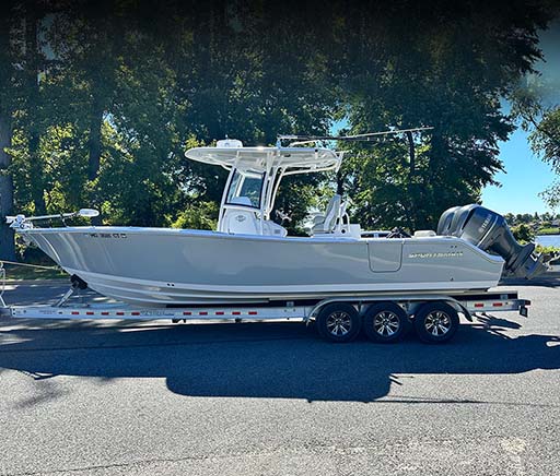 Chill's Light Tackle 2019 Sportsman 282 fishing boat on trailer for Chesapeake Bay fishing charters